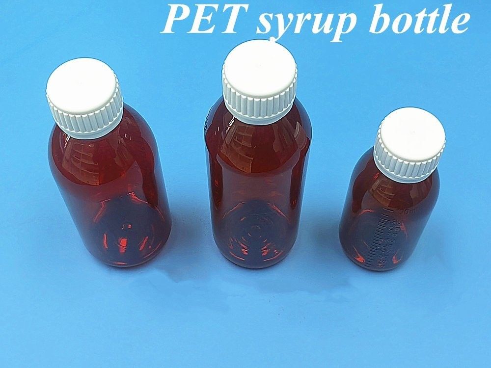 ফার্মাসিউটিক্যাল 100ml 120ml 150ml খালি অ্যাম্বার প্লাস্টিক পিইটি অ্যাম্বার সিরাপ প্লাস্টিকের বোতল
