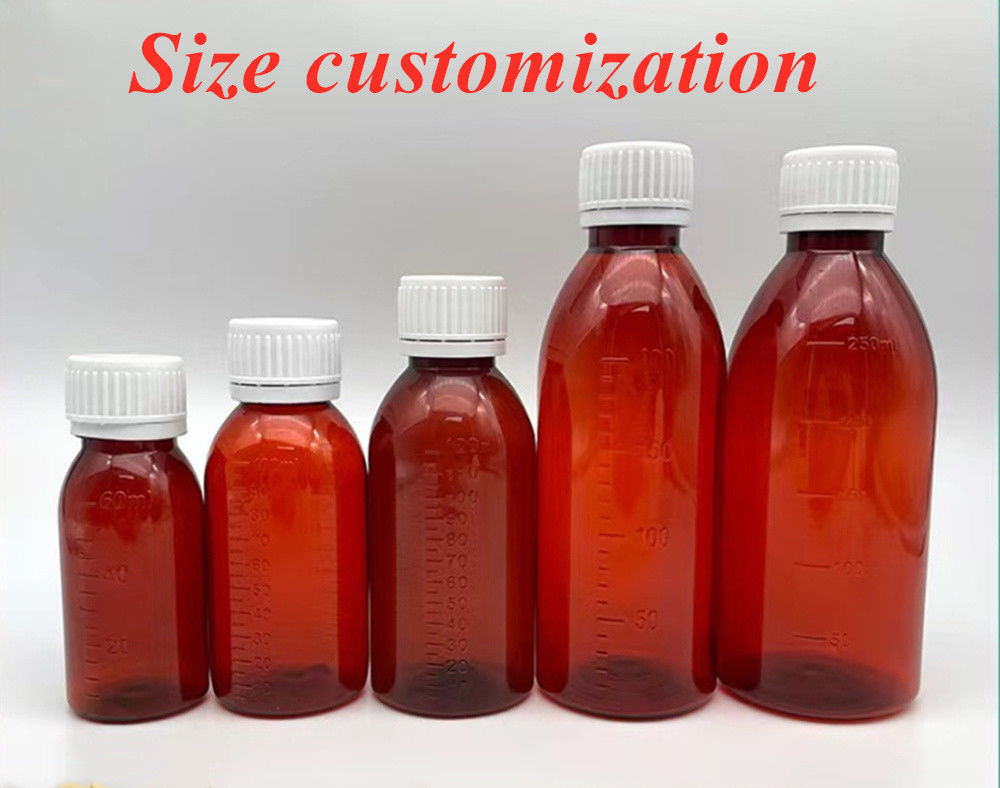 ফার্মাসিউটিক্যাল 100ml 120ml 150ml খালি অ্যাম্বার প্লাস্টিক পিইটি অ্যাম্বার সিরাপ প্লাস্টিকের বোতল