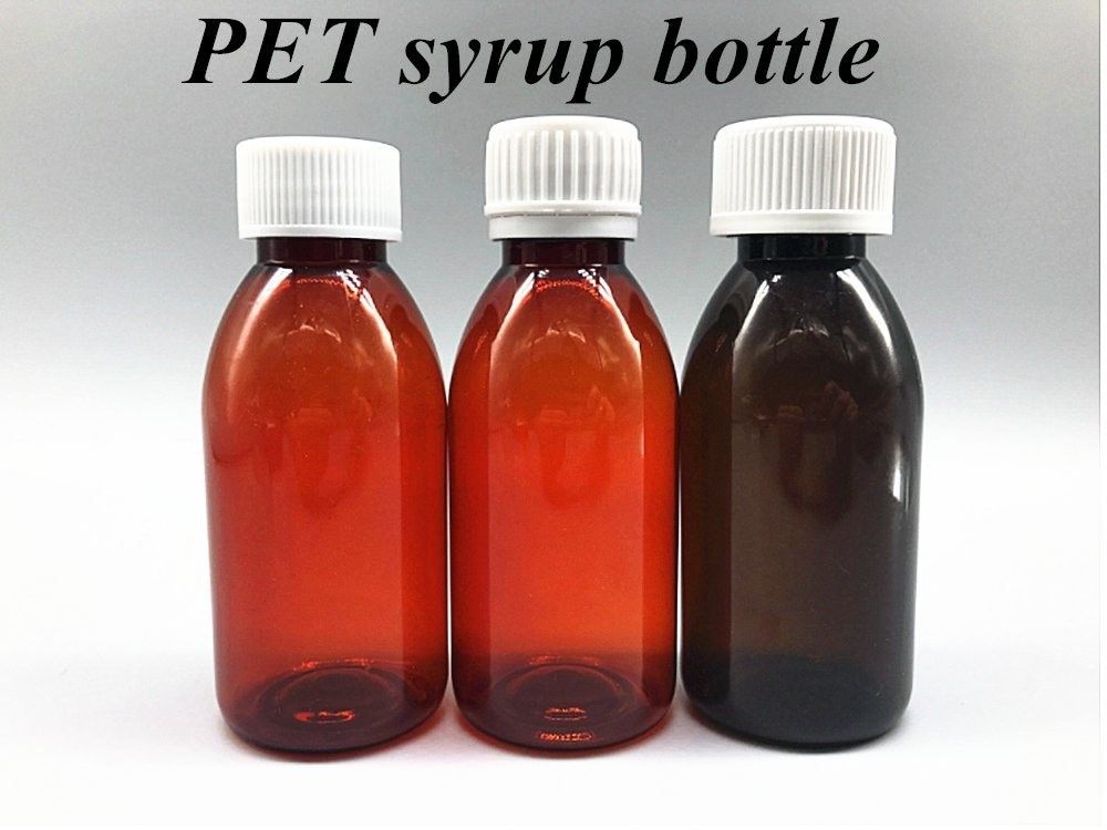 ফার্মাসিউটিক্যাল 100ml 120ml 150ml খালি অ্যাম্বার প্লাস্টিক পিইটি অ্যাম্বার সিরাপ প্লাস্টিকের বোতল