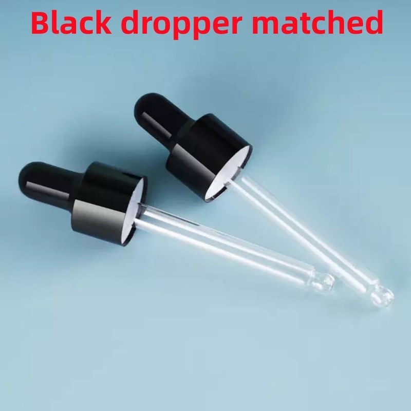 10 মিলি 20 মিলি 30 মিলি 50 মিলি খালি গোলাকার প্রয়োজনীয় তেলের বোতল চকচকে কালো গ্লাস ড্রপপার বোতল ক্যালিব্রেটেড গ্লাস পাইজেট সহ