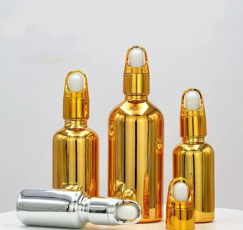 উচ্চ মানের বিলাসবহুল কসমেটিক প্যাকেজ 10ml 20ml 30ml 50ml ইলেক্ট্রোপ্লেটিং সোনার প্রয়োজনীয় তেল সিরাম গ্লাস ড্রপপার বোতল