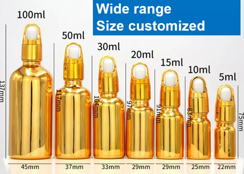 উচ্চ মানের বিলাসবহুল কসমেটিক প্যাকেজ 10ml 20ml 30ml 50ml ইলেক্ট্রোপ্লেটিং সোনার প্রয়োজনীয় তেল সিরাম গ্লাস ড্রপপার বোতল