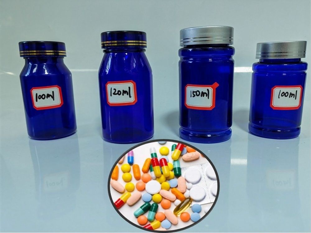 100cc 120cc প্লাস্টিকের বোতল পিলের জন্য ক্যাপসুল স্বচ্ছ নীল পিইটি পুনরায় পূরণযোগ্য প্লাস্টিকের কঠিন পাউডার পিল ঔষধের বোতল