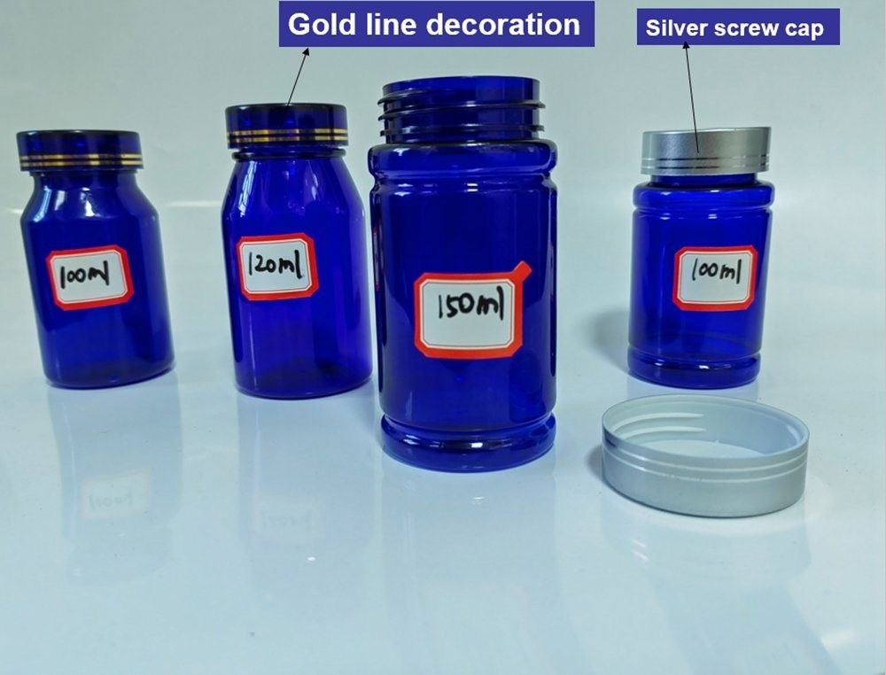 ফার্মাসিউটিক্যাল 100ml 120ml 175ml ব্লু পিইটি প্লাস্টিকের পিল ক্যাপসুল বোতল স্বাস্থ্যসেবা ট্যাবলেট ওষুধ বোতল স্ক্রু ক্যাপ সহ